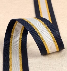 Stoffenschuur selectie Tassenband 40 mm navy - wit -lurex goud
