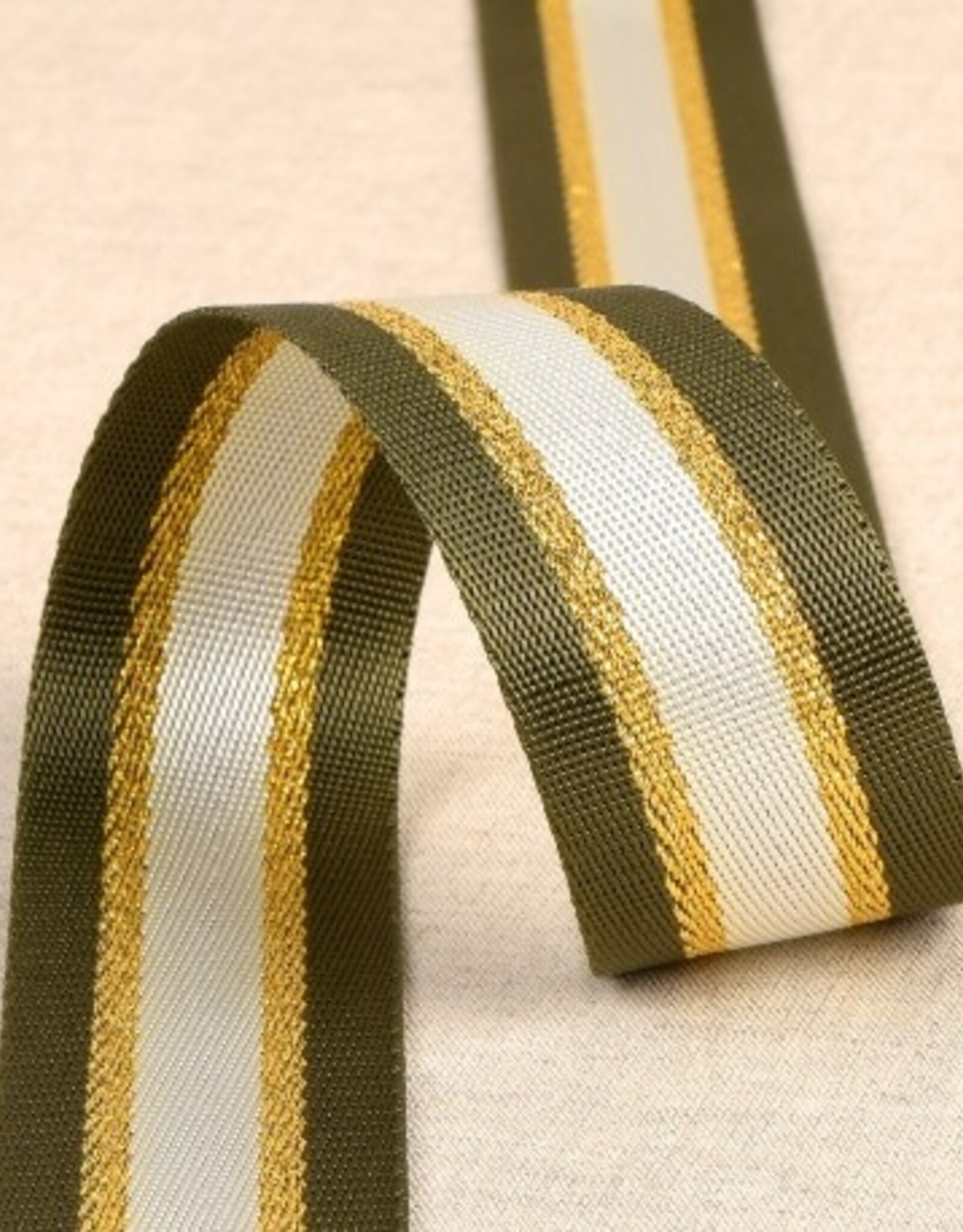 Tassenband 40 mm kaki - wit -lurex goud