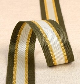 Stoffenschuur selectie Tassenband 40 mm kaki - wit -lurex goud