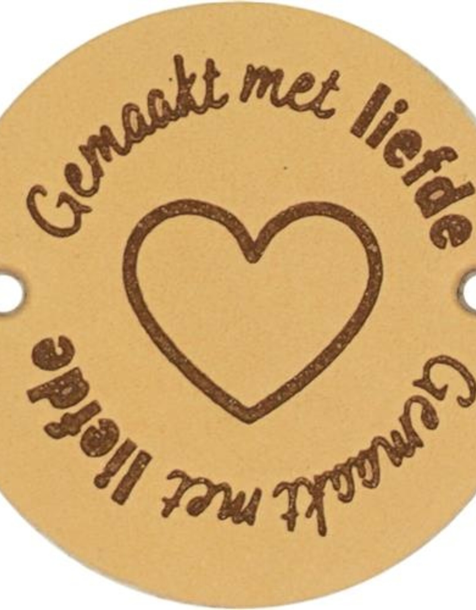 Stoffenschuur selectie Leren naailabel ' gemaakt met liefde' rond 3,5cm