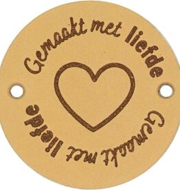 Stoffenschuur selectie Leren naailabel ' gemaakt met liefde' rond 3,5cm