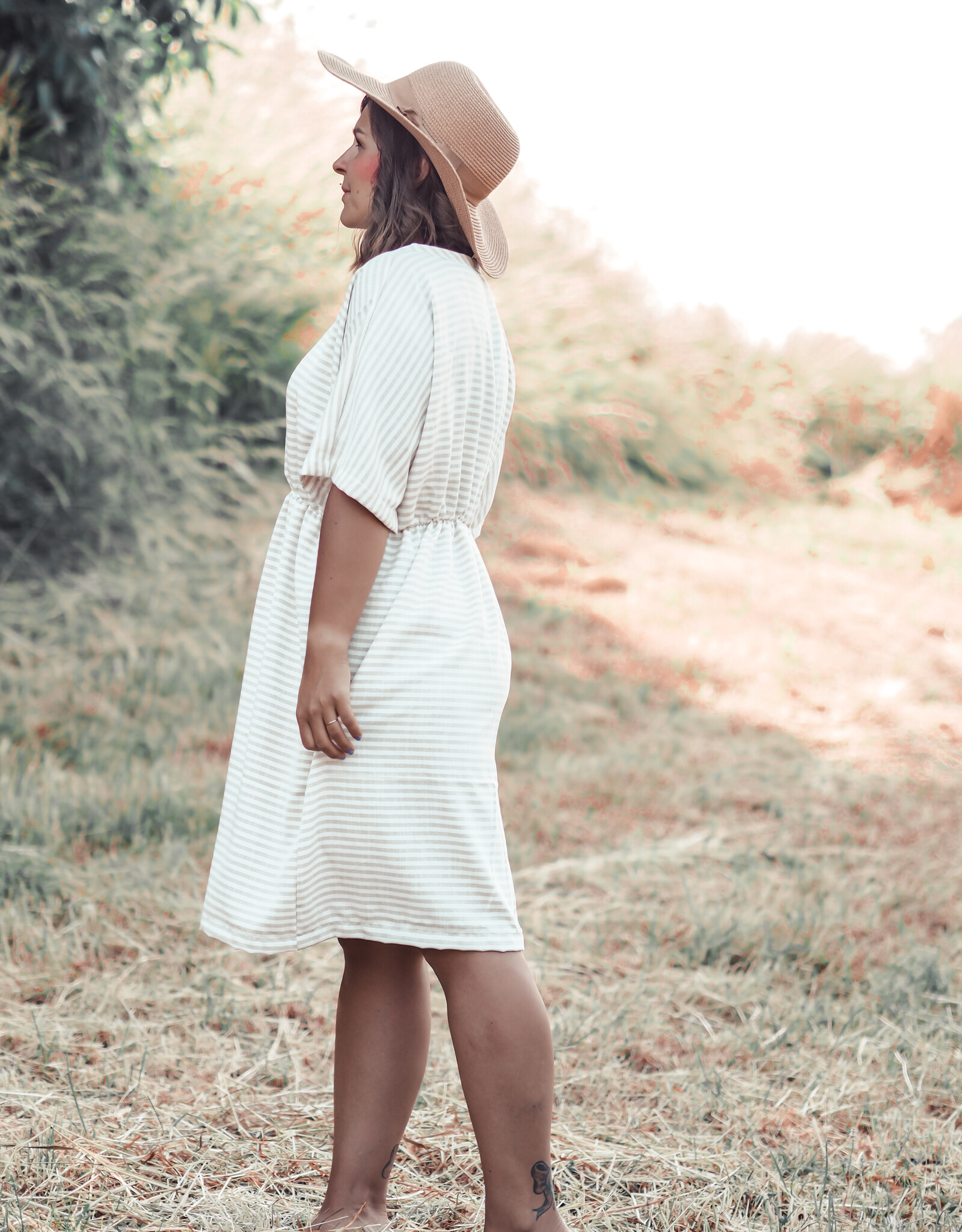 Viscose linnen beige / wit strepen
