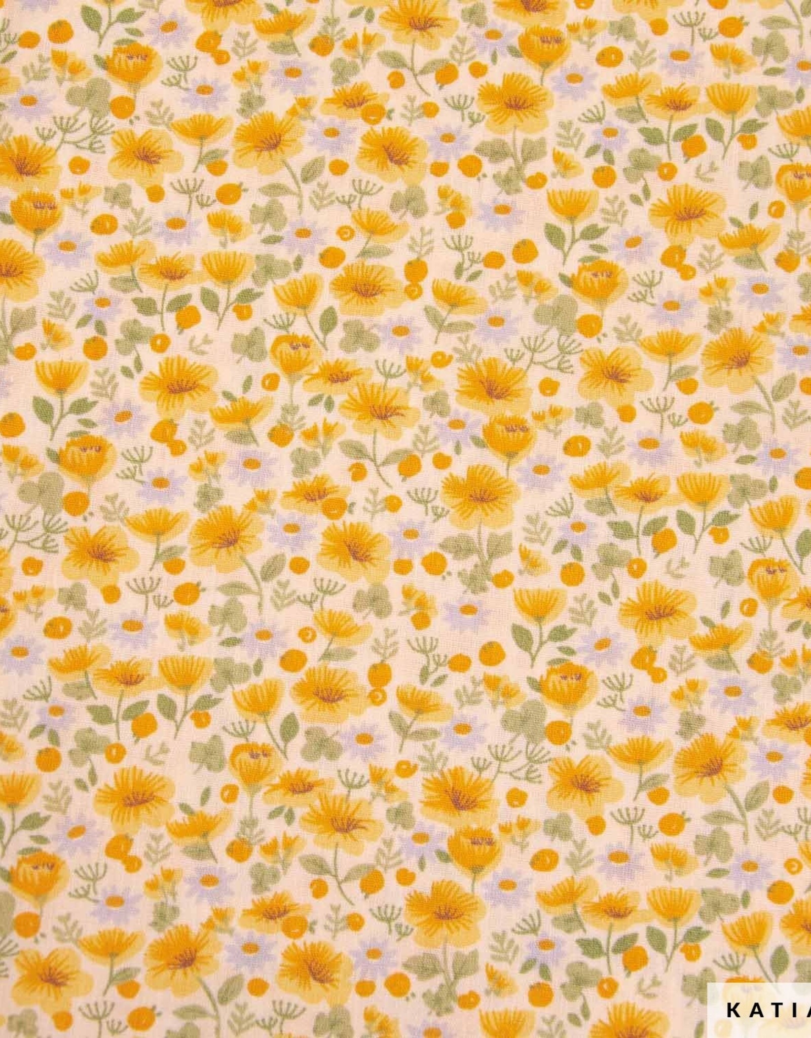 Katia Fabrics Katoen poplin gele bloemetjes