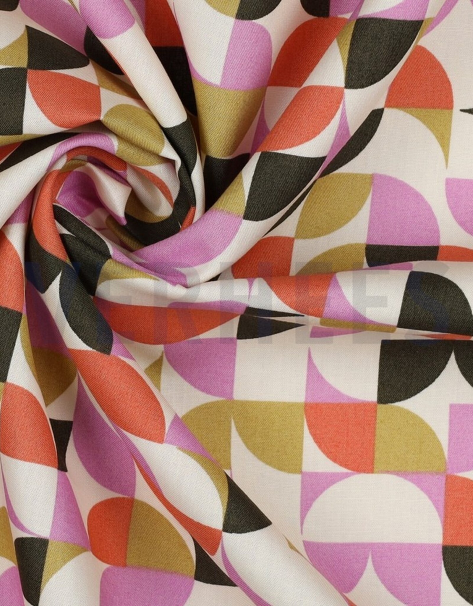 Katoen poplin geometrische vormen ecru/ army green