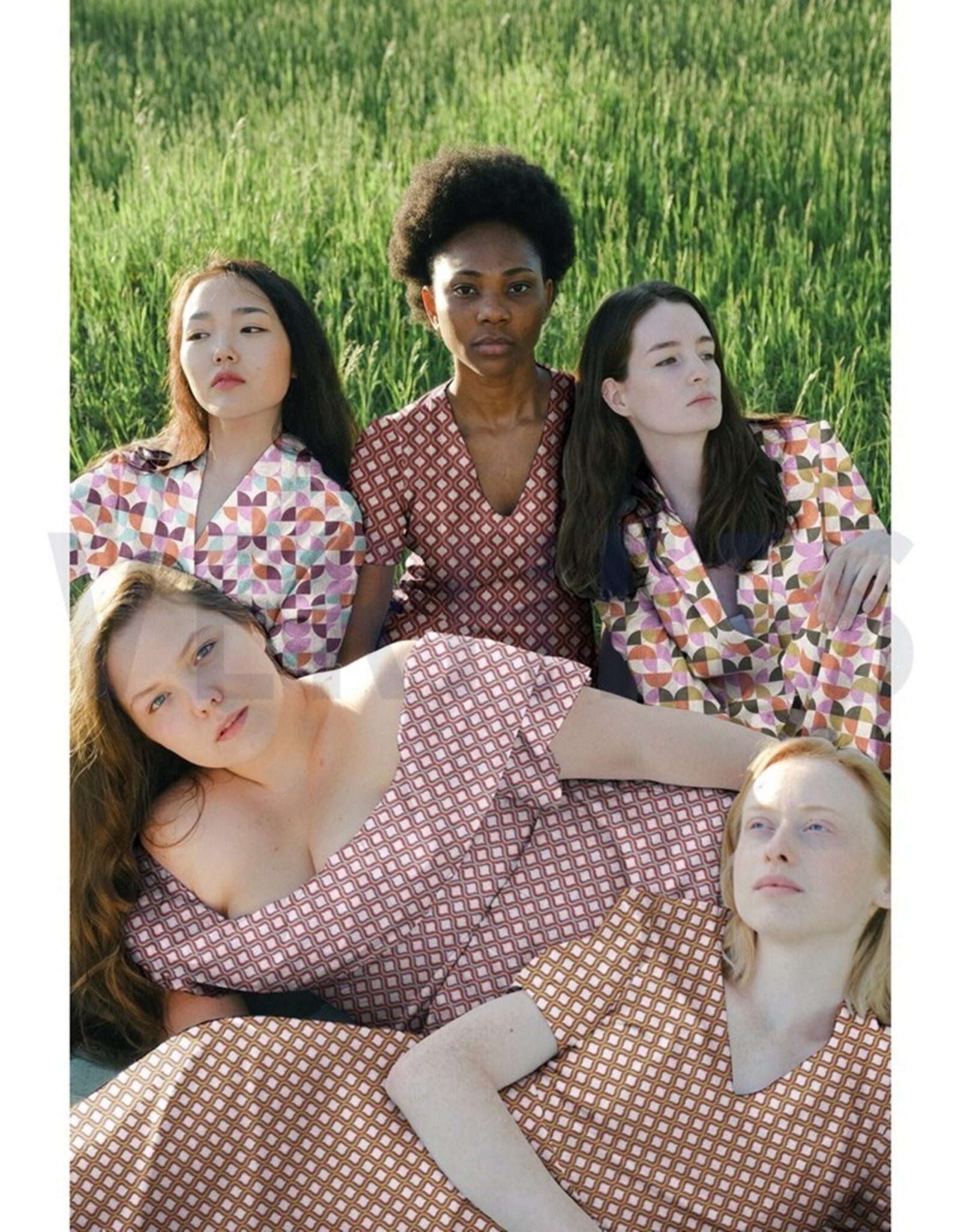 Katoen poplin geometrische vormen ecru/ army green