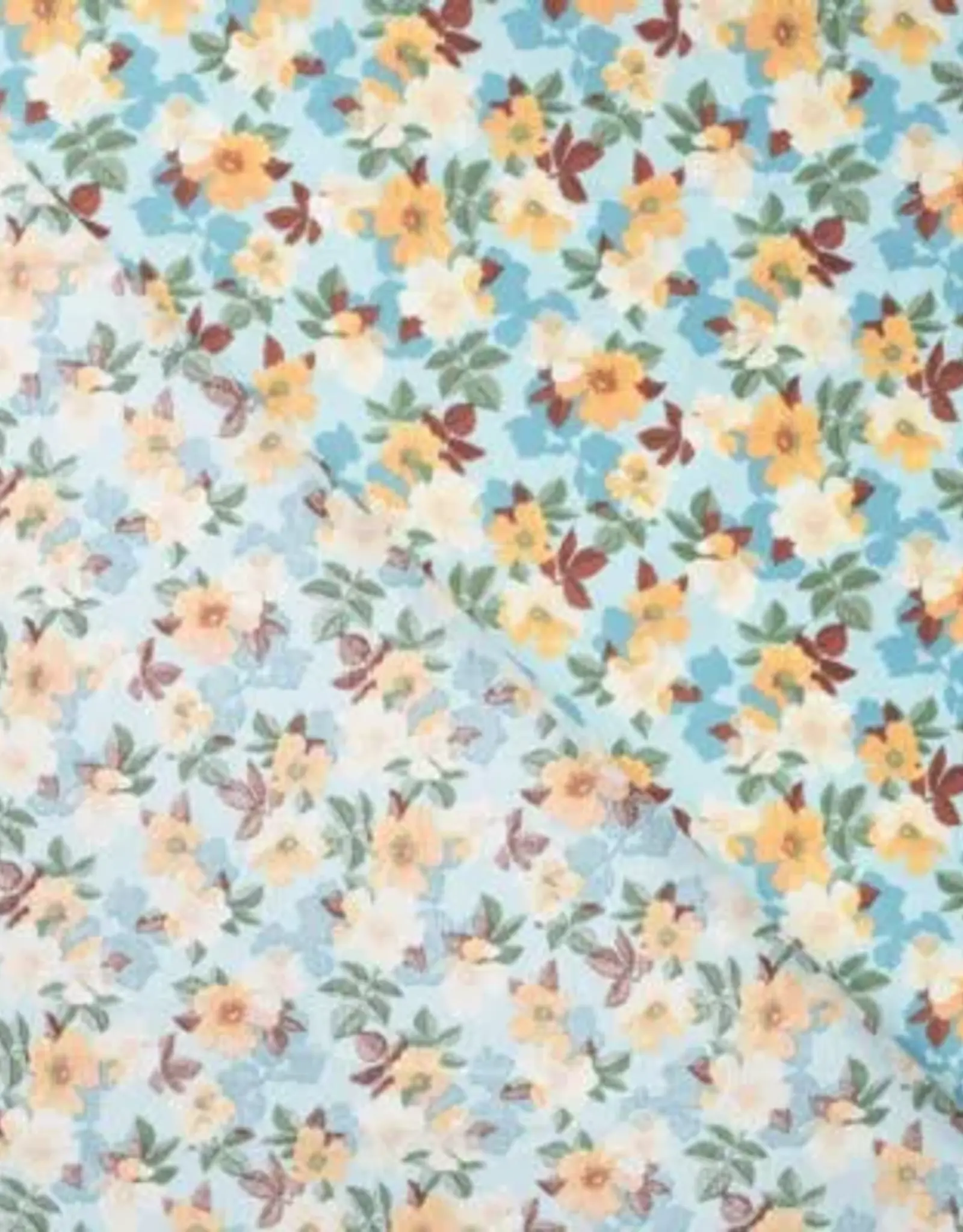 Katoen poplin  romantische bloem licht blauw