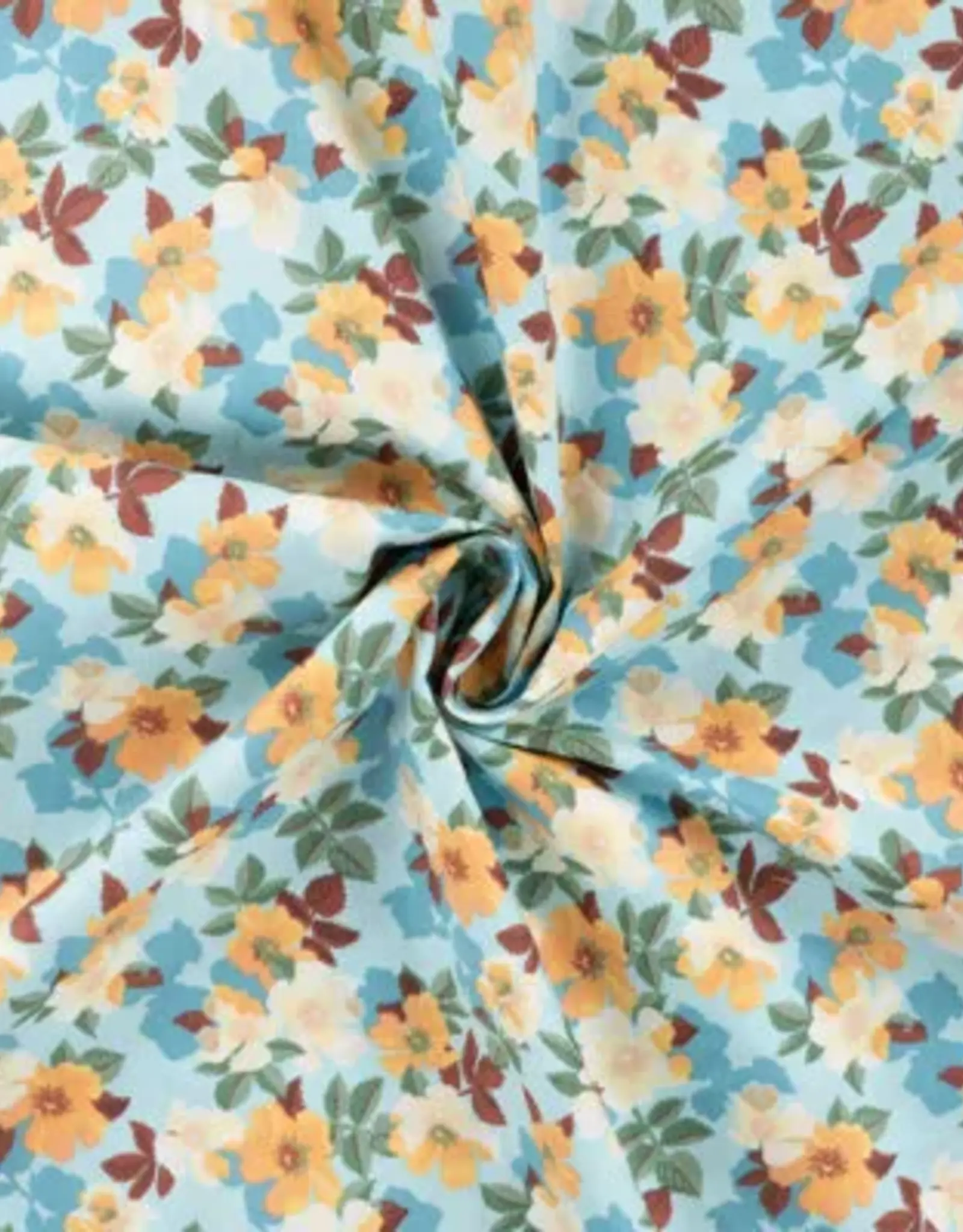 Katoen poplin  romantische bloem licht blauw