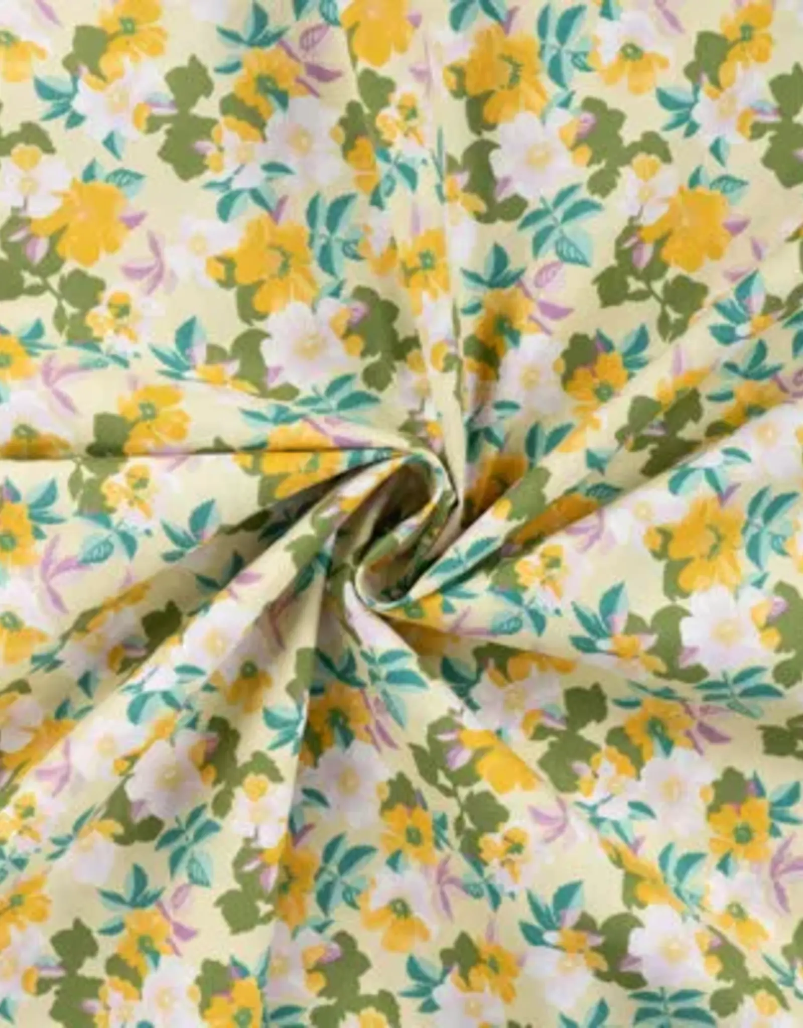 Katoen poplin  romantische bloem licht geel