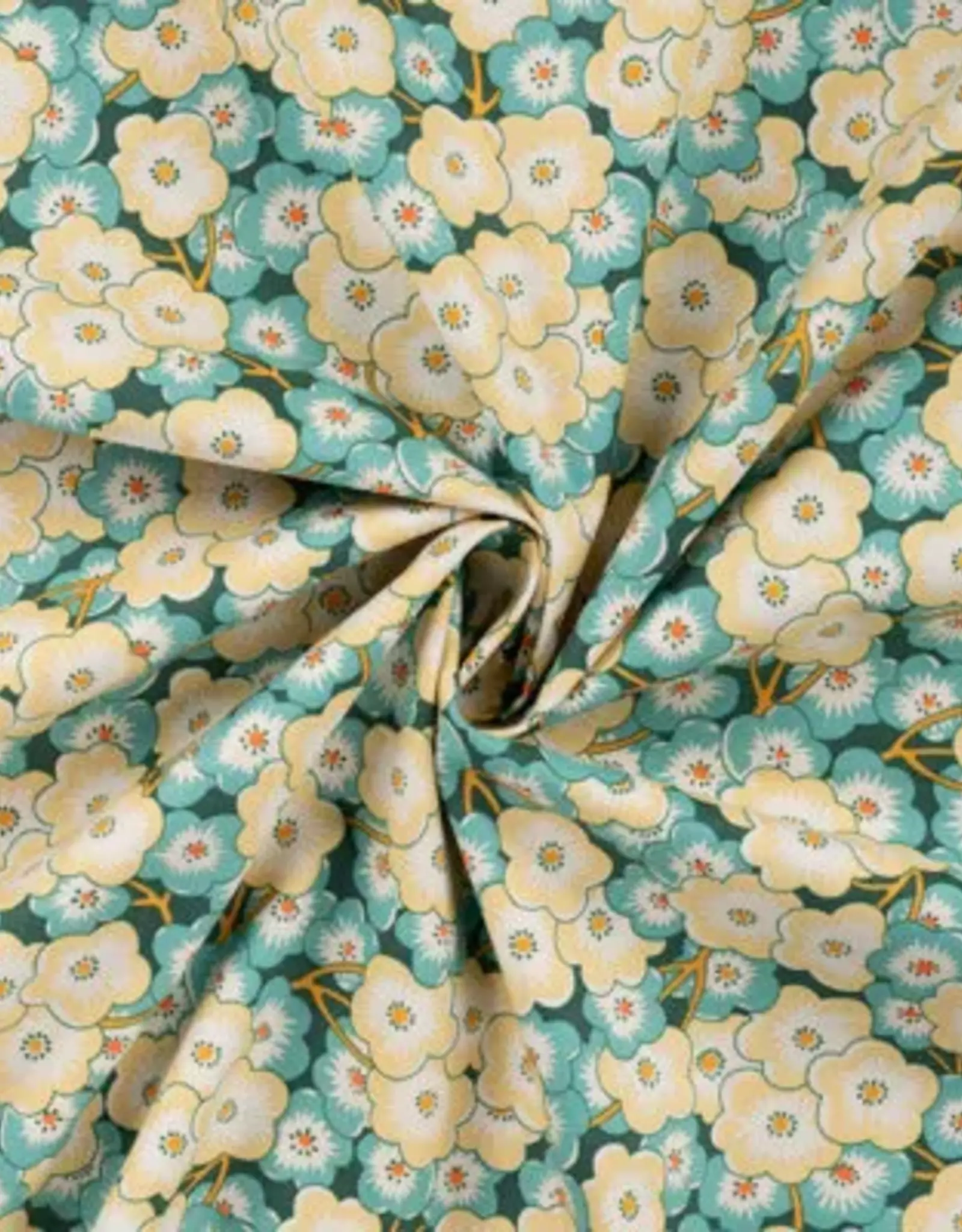 Katoen poplin  retro bloem geel/groen