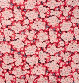 Katoen poplin  retro bloem roze/rood