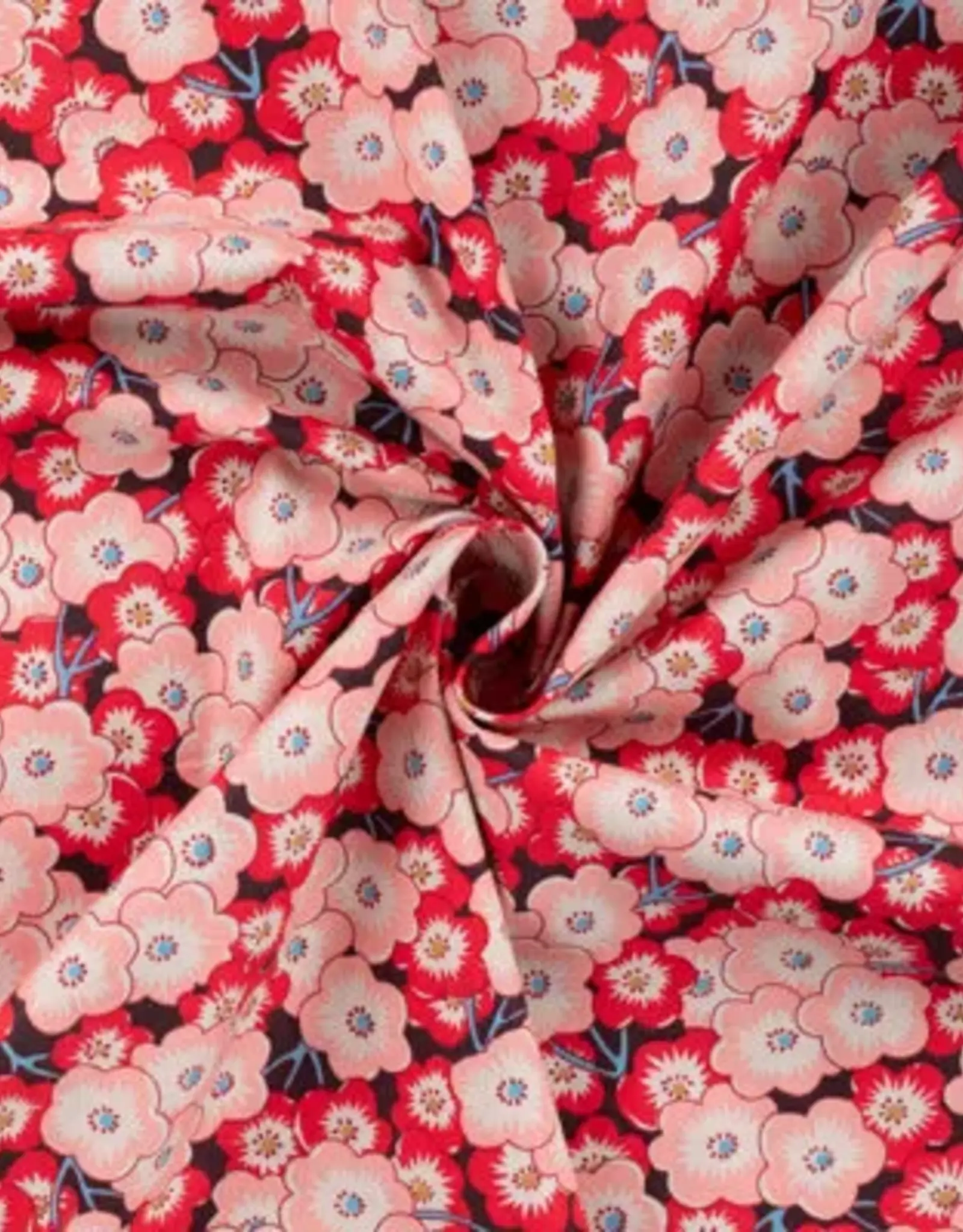 Katoen poplin  retro bloem roze/rood
