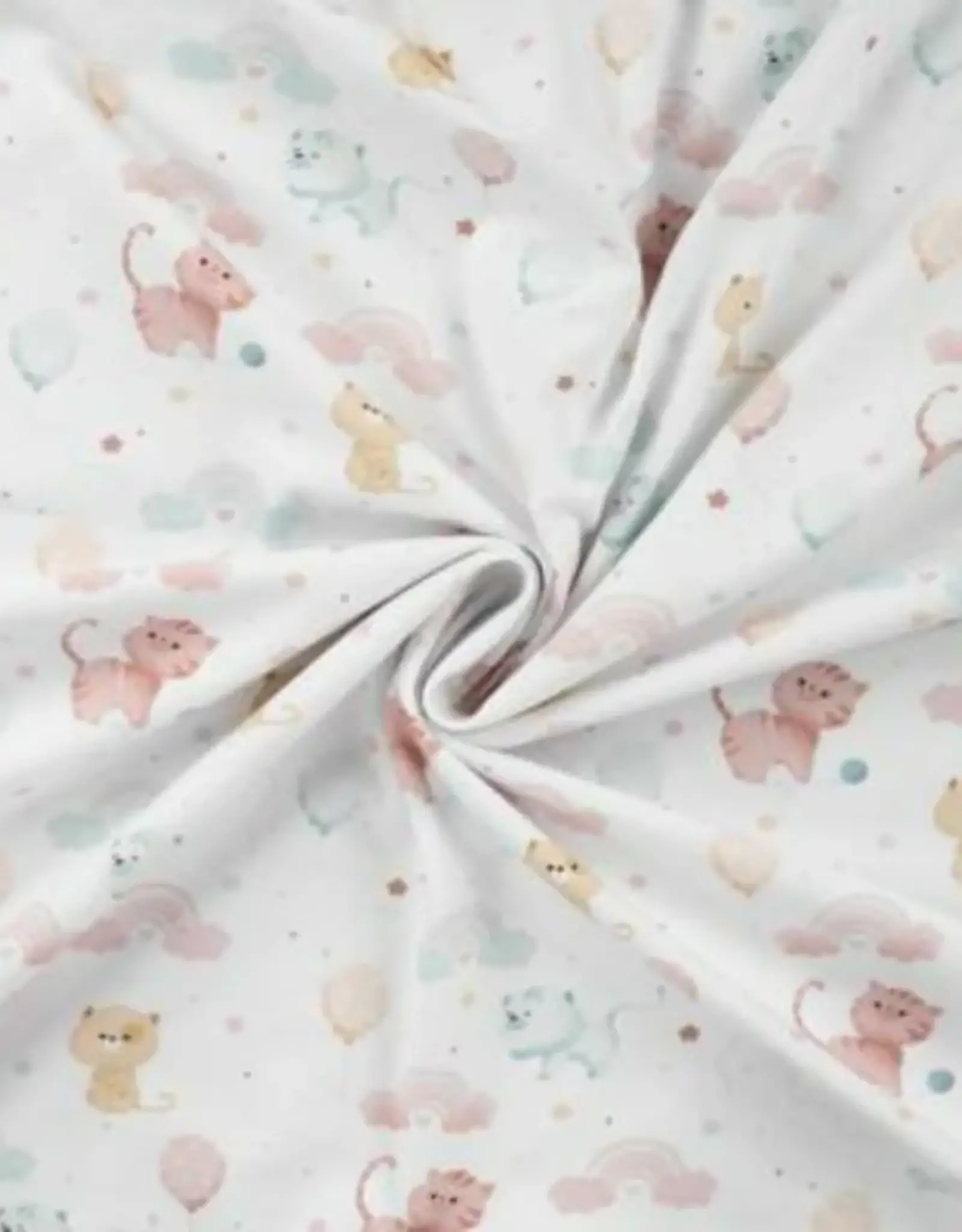 Jersey katoen katjes met regenbogen en ballonnen