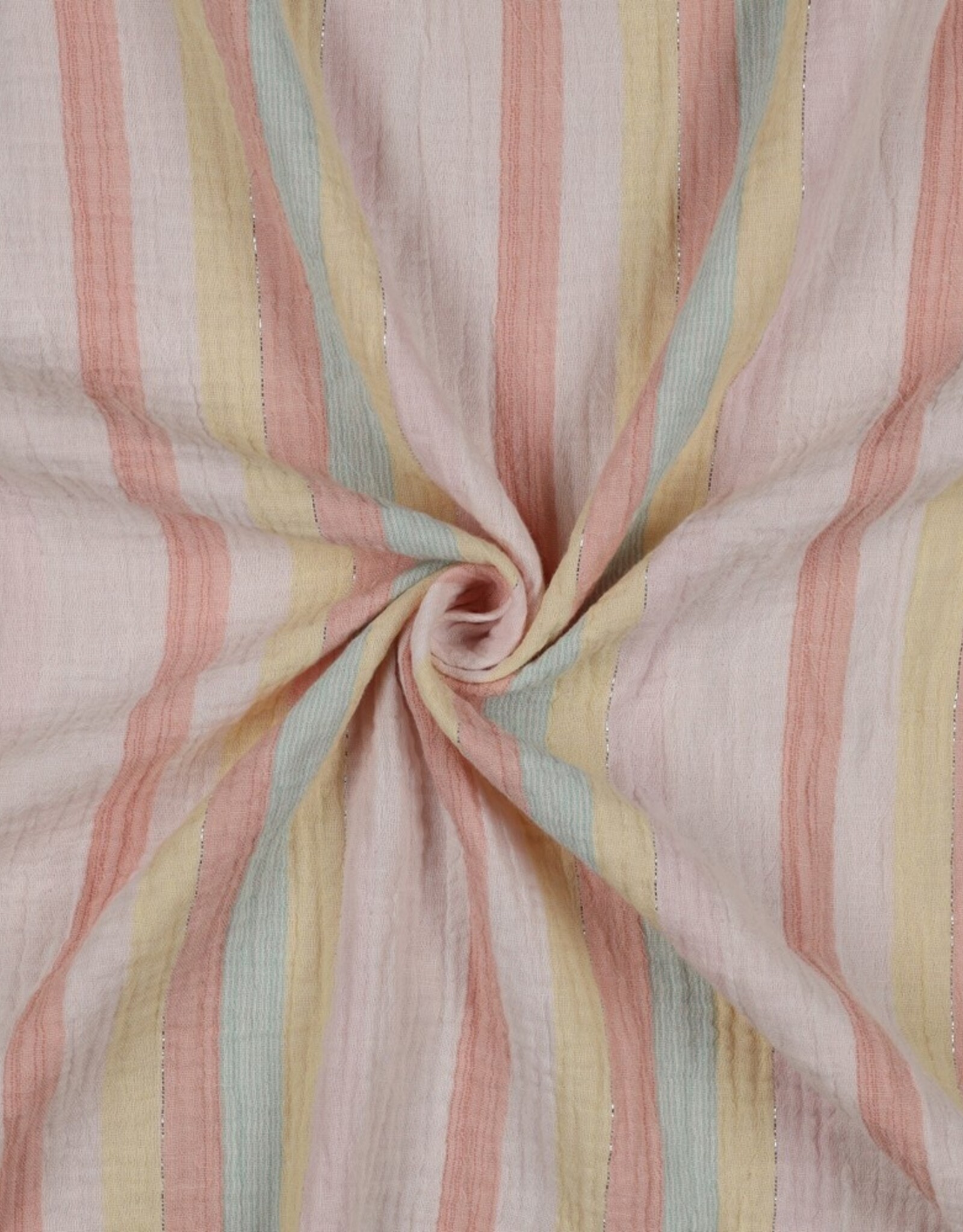 Stoffenschuur selectie Double gauze strepen met lurex gouddraad pastel