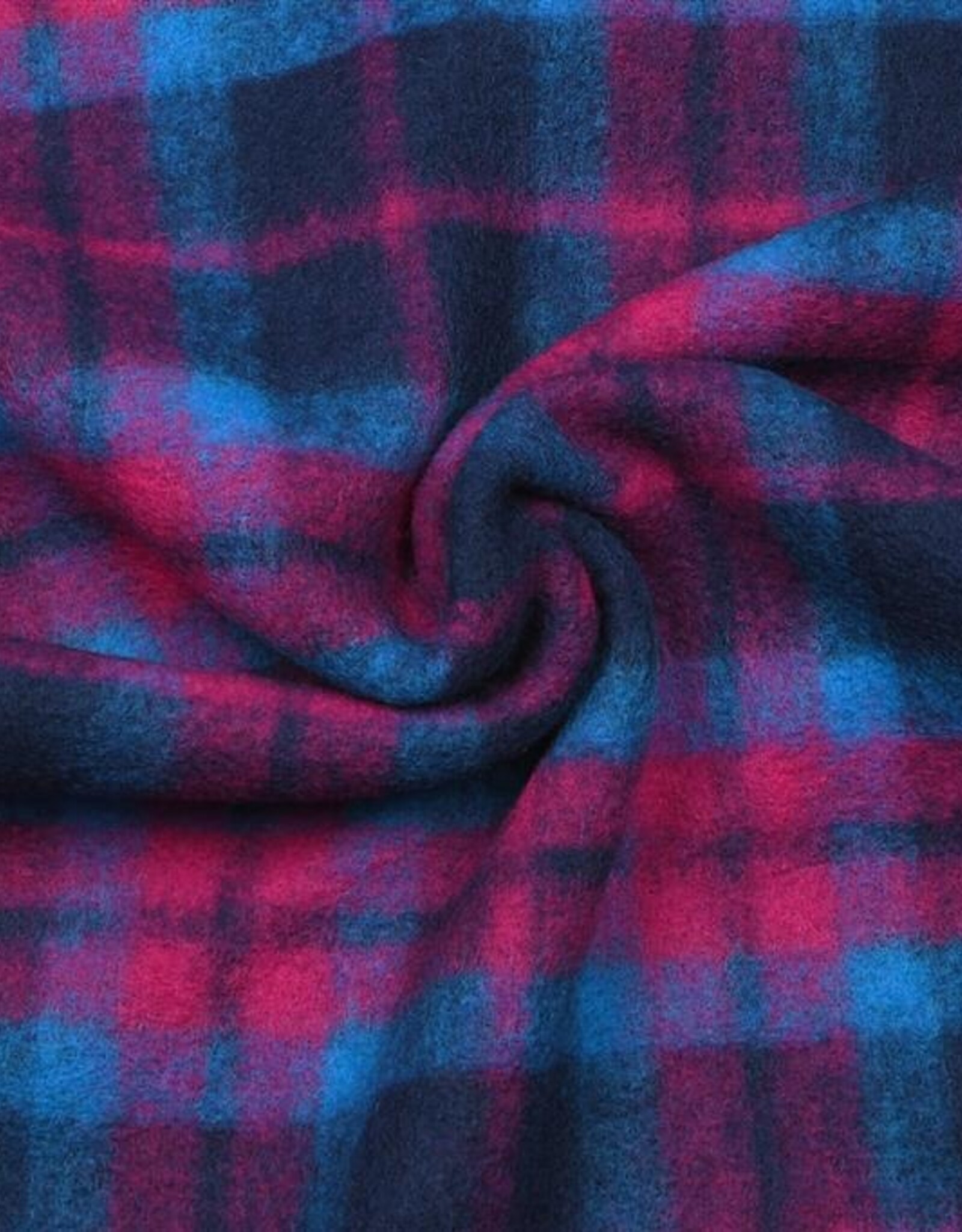 mantelstof  wolvilt  geruit blauw fuchsia
