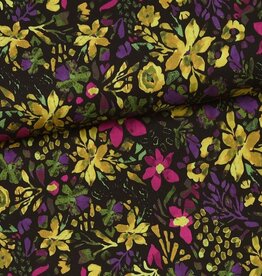 Viscose lichte stretch felle bloemen zwart