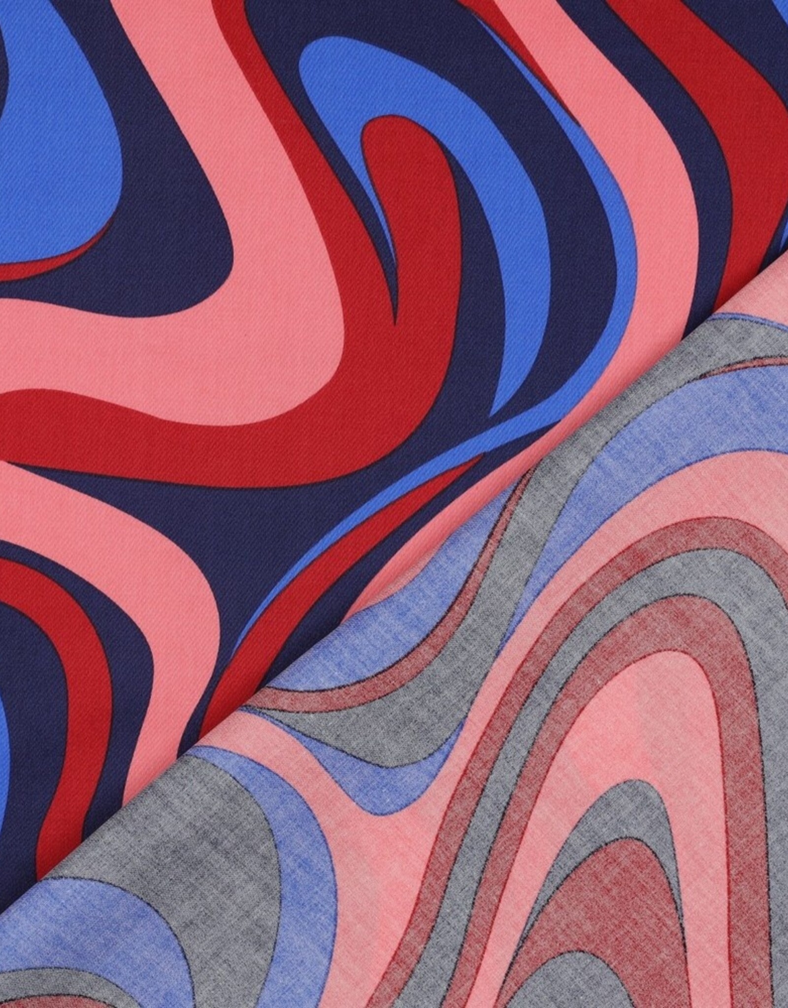 Katoen satijn abstract roze, blauw swirl