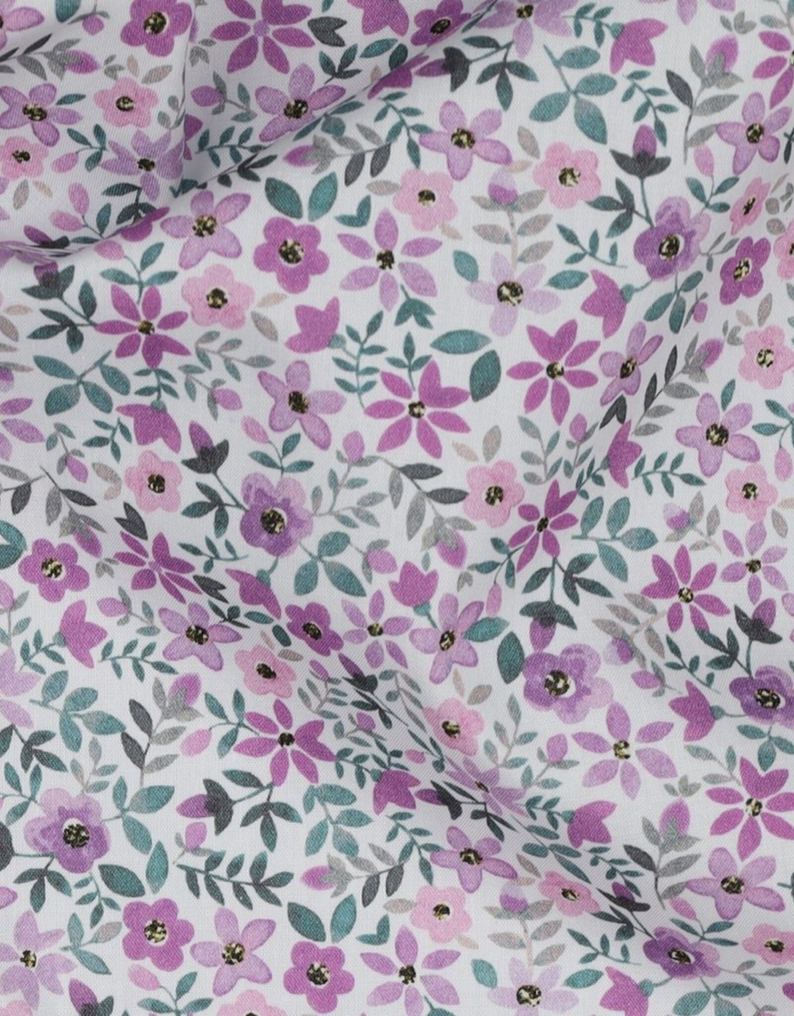 Fijne katoen poplin digital flowers wit, purple