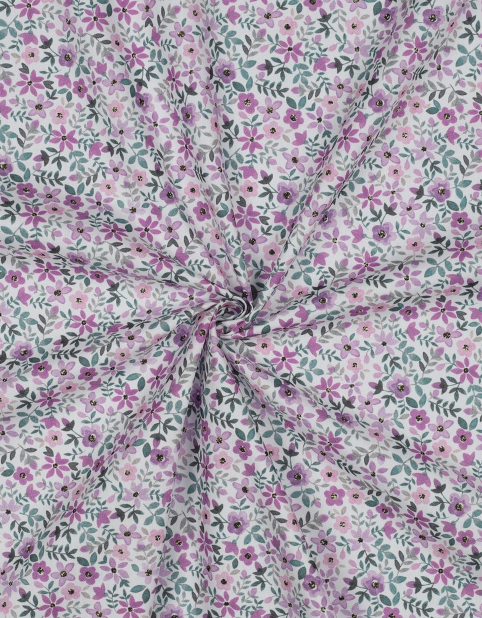 Fijne katoen poplin digital flowers wit, purple