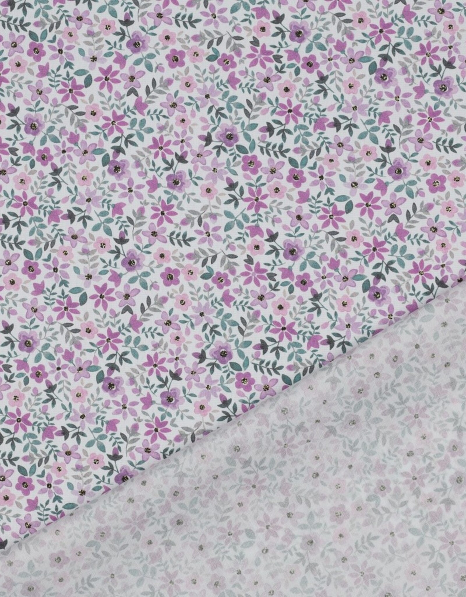 Fijne katoen poplin digital flowers wit, purple