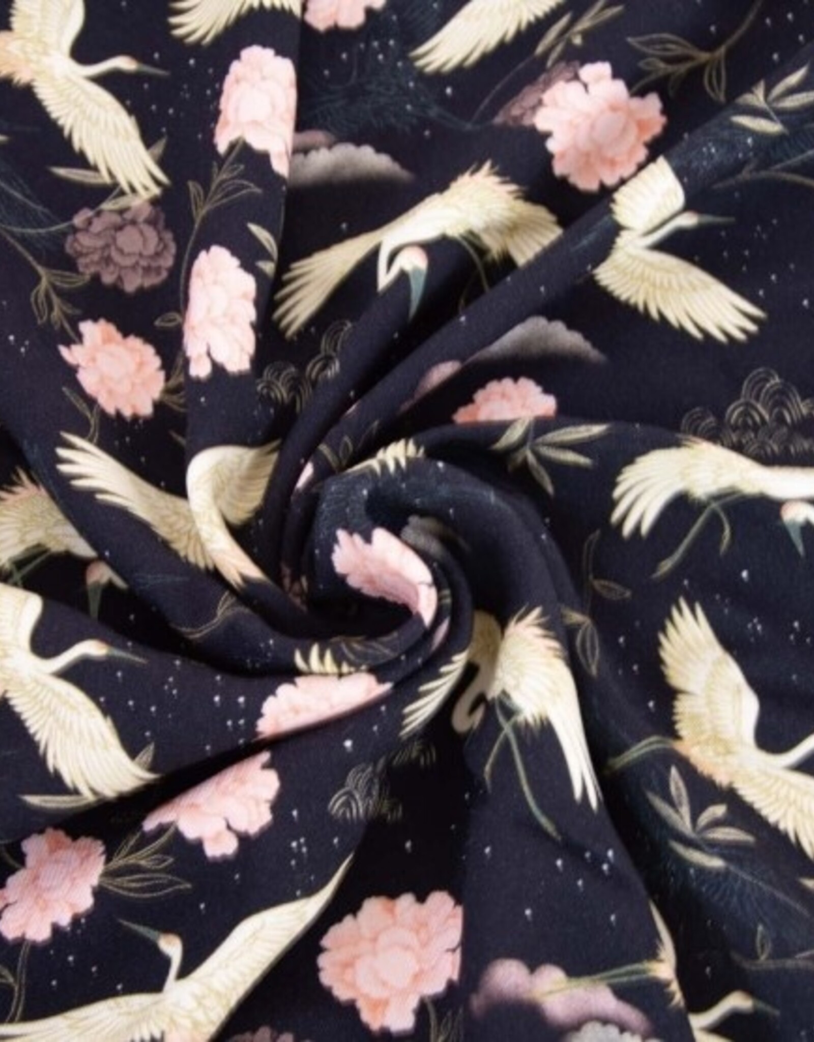 Viscose Eco black hero sakura kraanvogels zwart