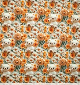 Katoen jersey digital polly 3D beer bloemen beige