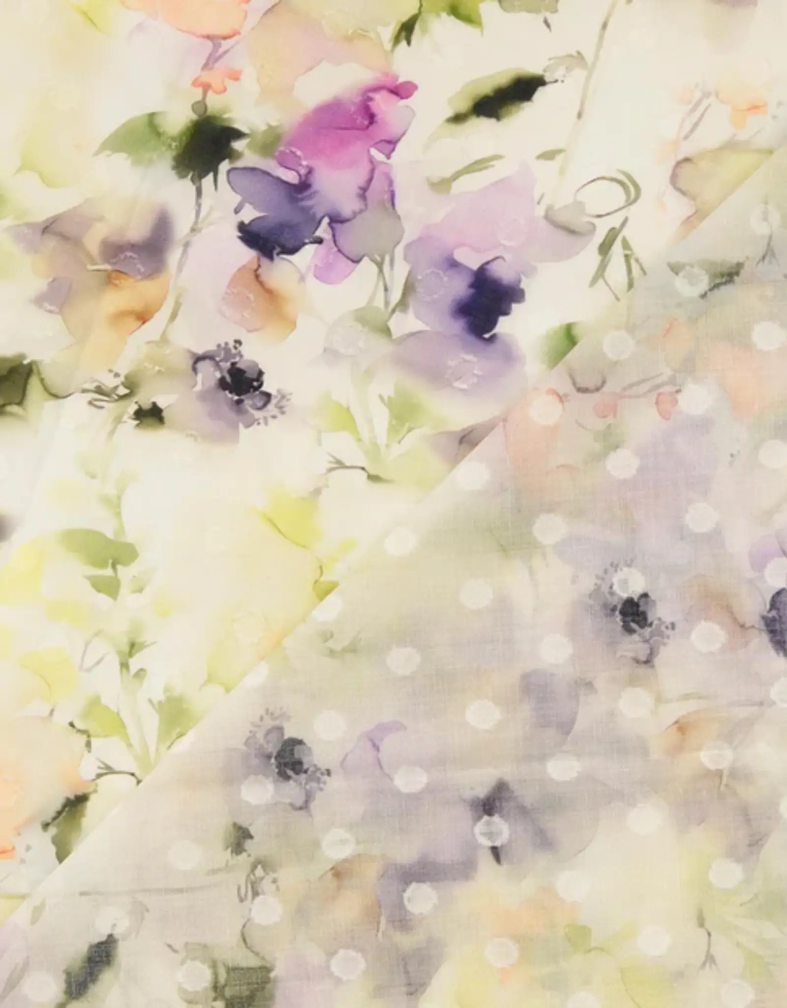 Katoen voile 3D dots bloemen pastel wit