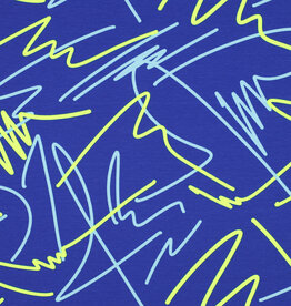 Katoen jersey neon abstracte lijnen kobalt