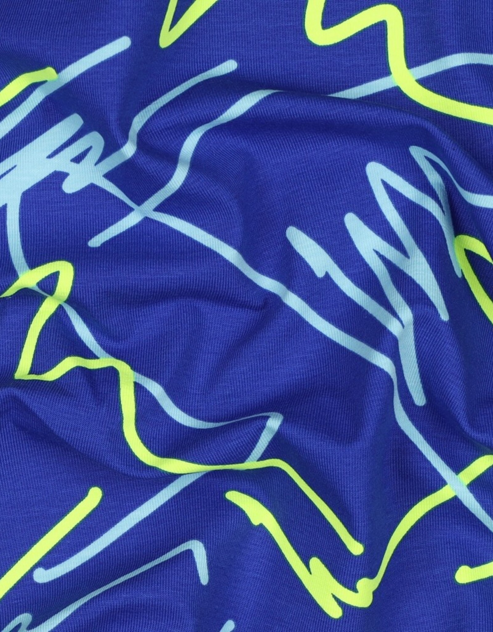 Katoen jersey neon abstracte lijnen kobalt