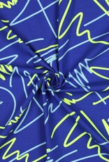 Katoen jersey neon abstracte lijnen kobalt