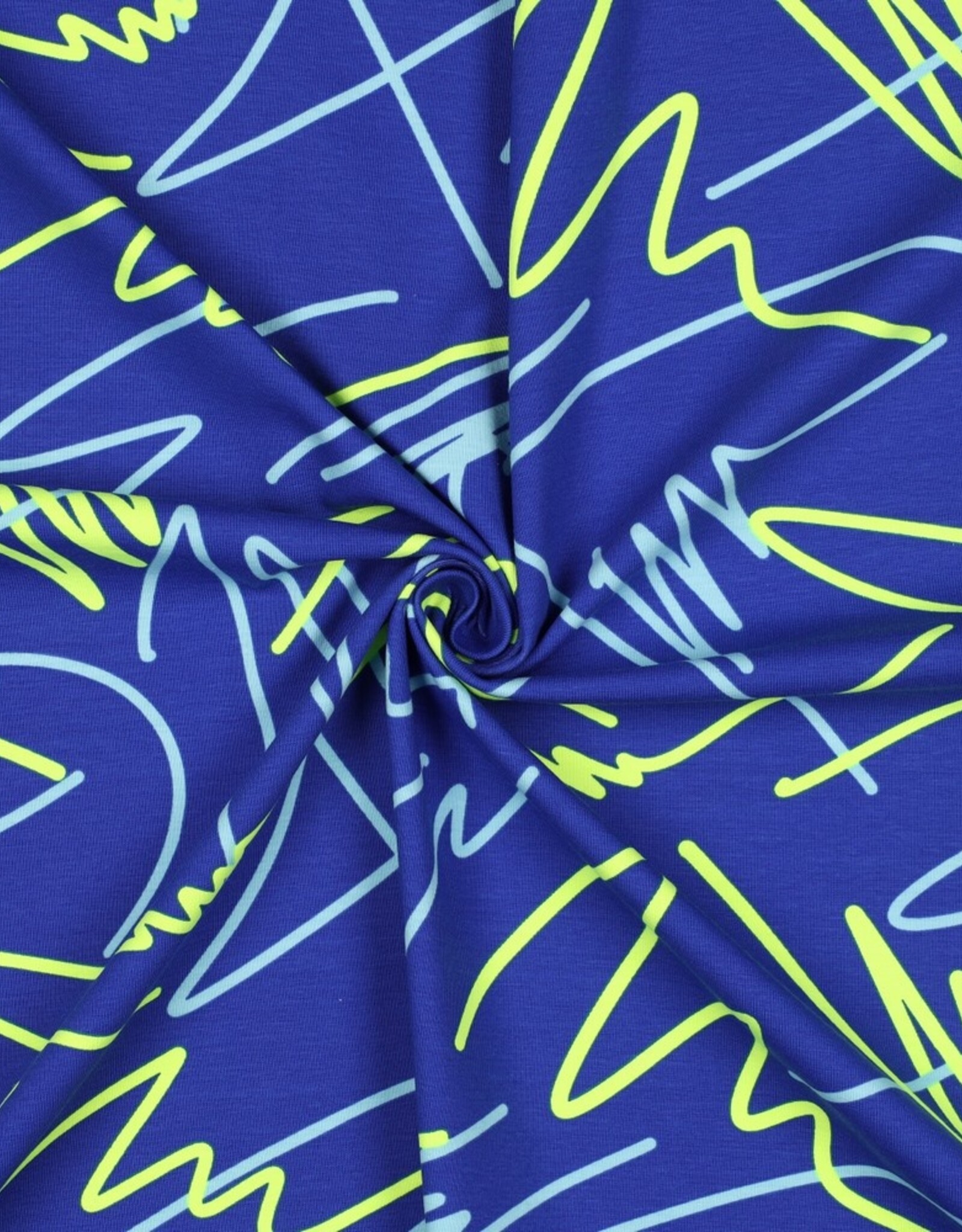 Katoen jersey neon abstracte lijnen kobalt