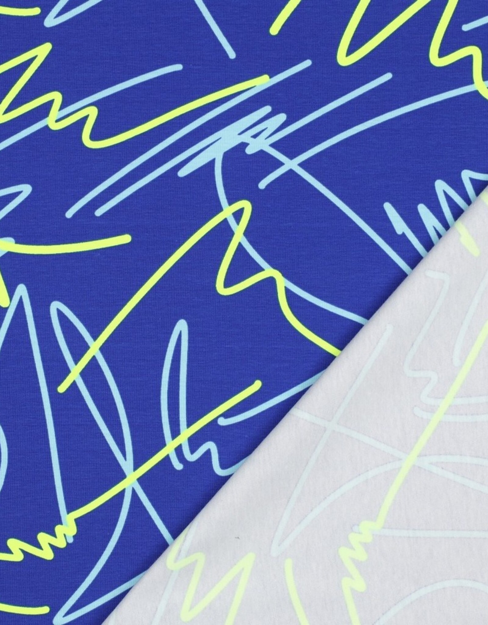 Katoen jersey neon abstracte lijnen kobalt