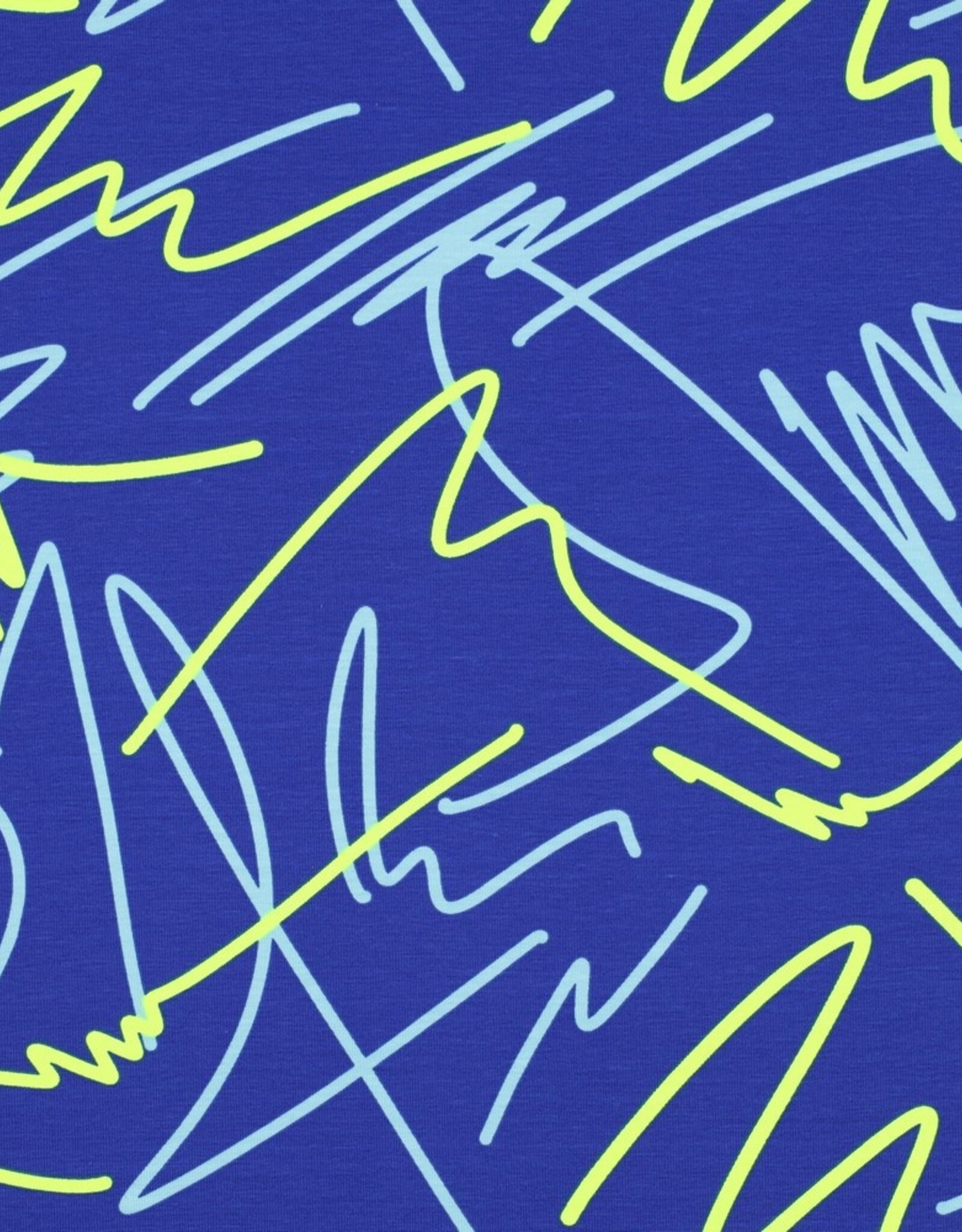 Katoen jersey neon abstracte lijnen kobalt