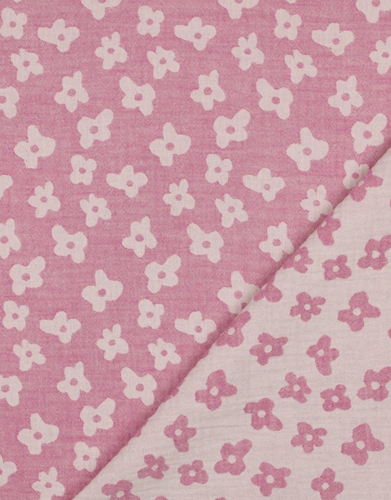 Double gauze jacquard flowers zacht roze dubbelzijdig