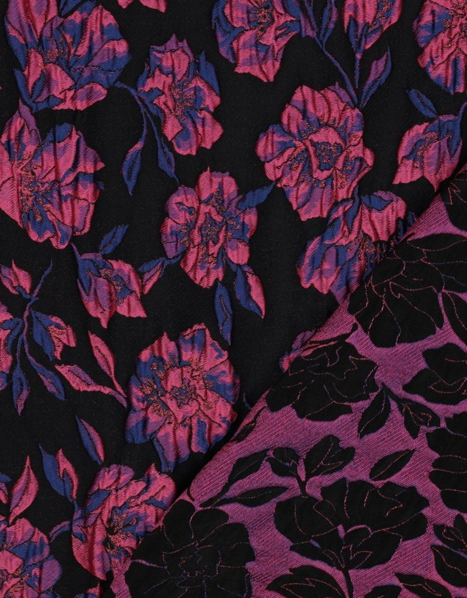 Jacquard flowers zwart glitter fuchsia