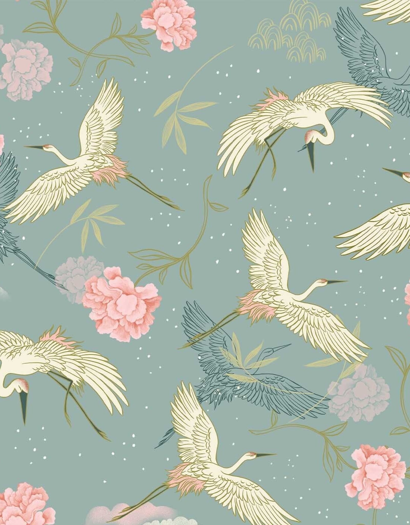 Katoen poplin hero sakura kraanvogels jade