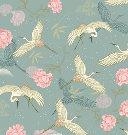 Katoen poplin hero sakura kraanvogels jade