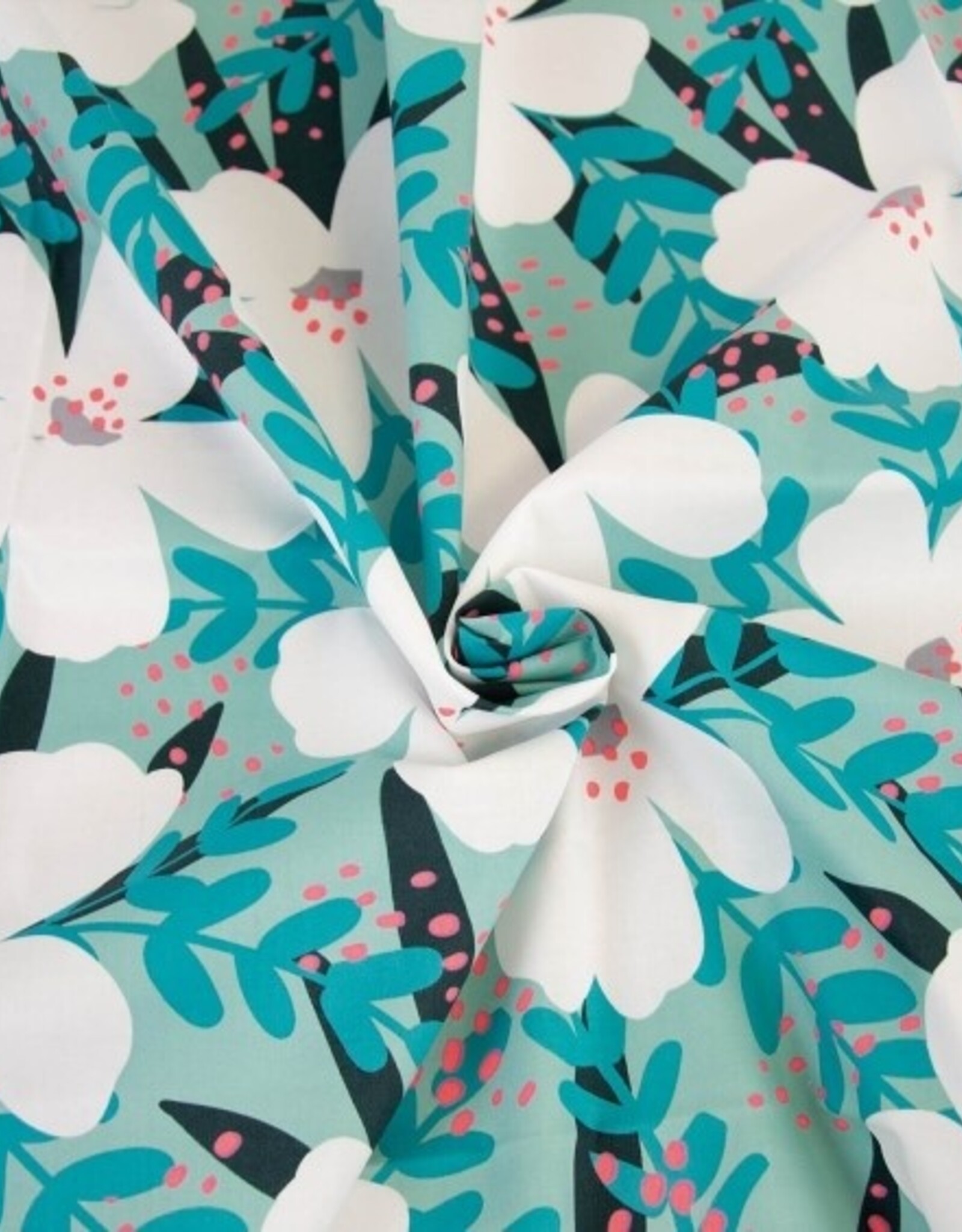 Katoen poplin neon pink  bloem petrol