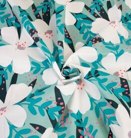 Katoen poplin neon pink  bloem petrol