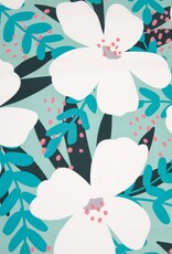 Katoen poplin neon pink  bloem petrol