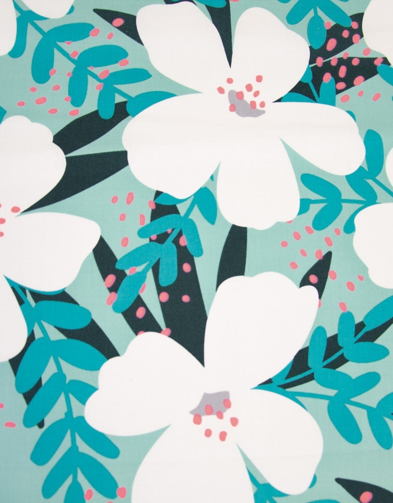 Katoen poplin neon pink  bloem petrol