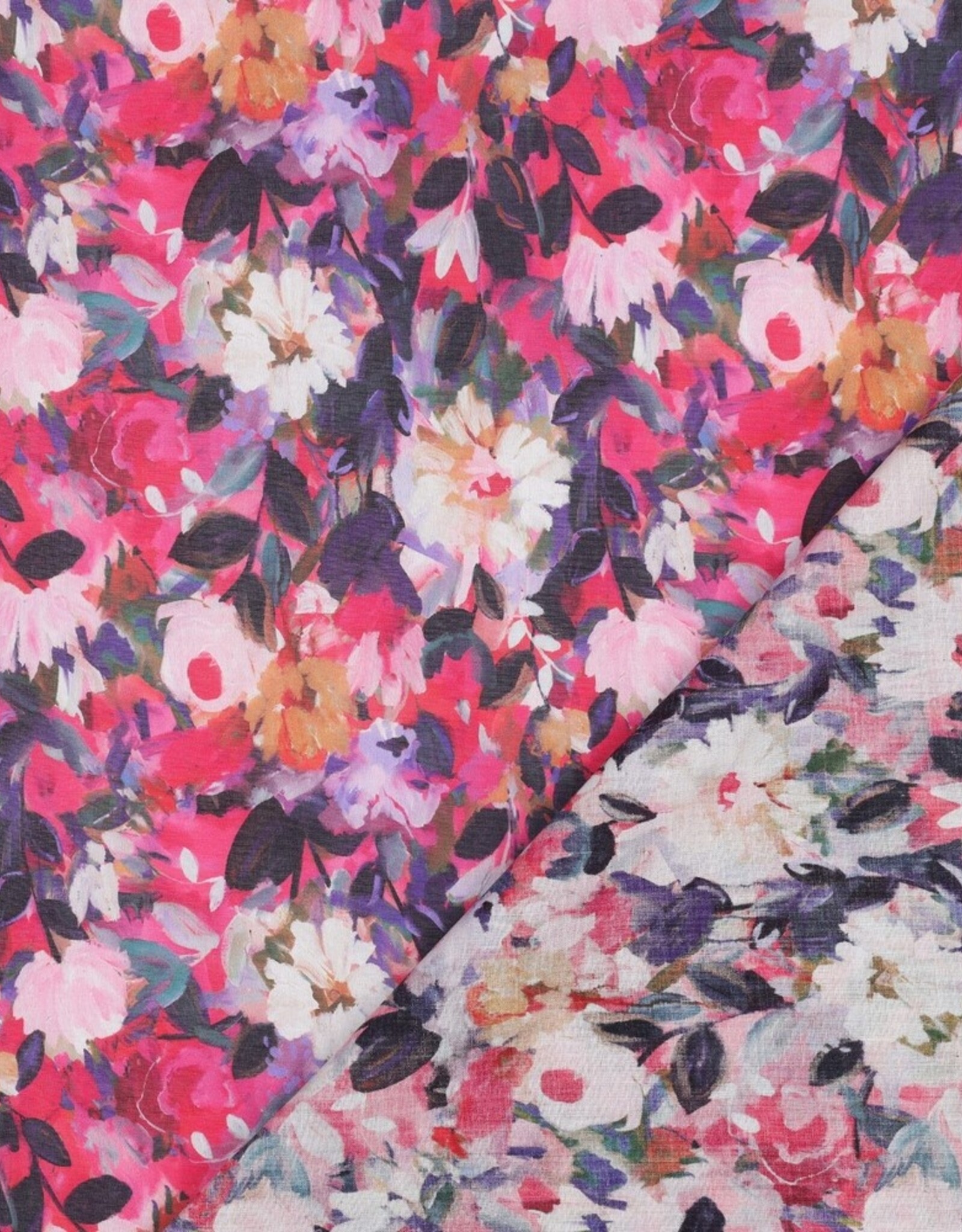 Katoen voile digital bloemetjes  fuchsia