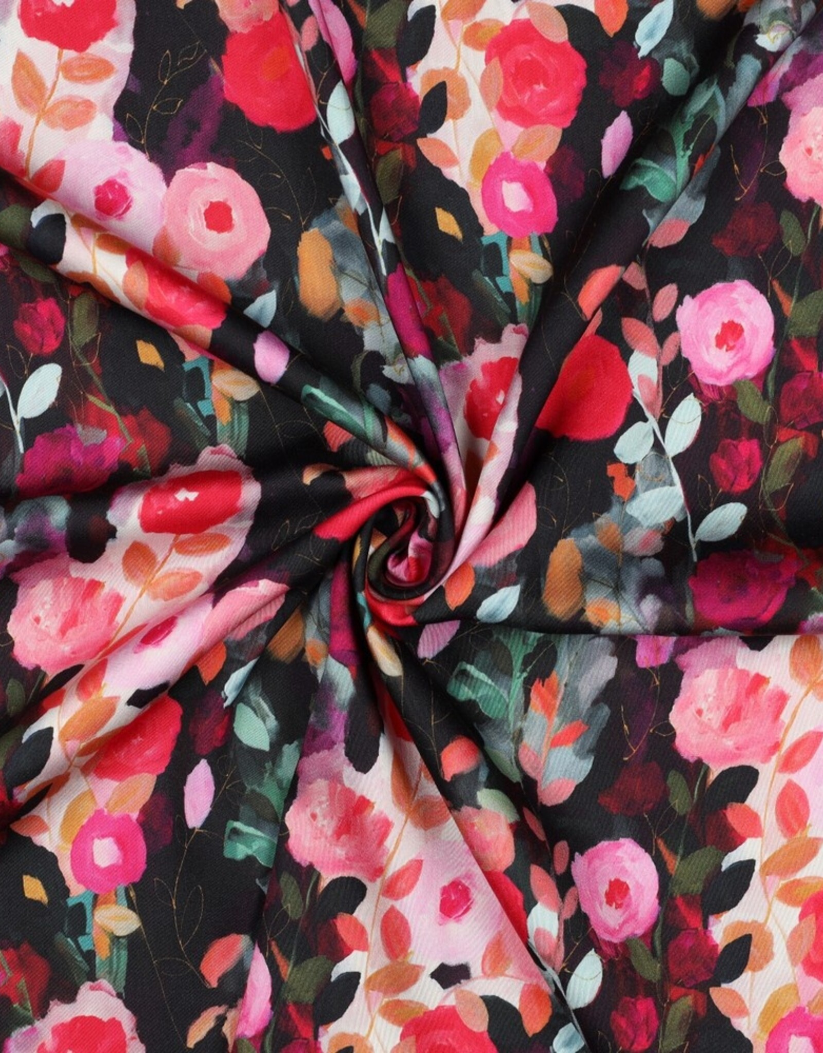 Viscose satijn digital print roosjes zwart