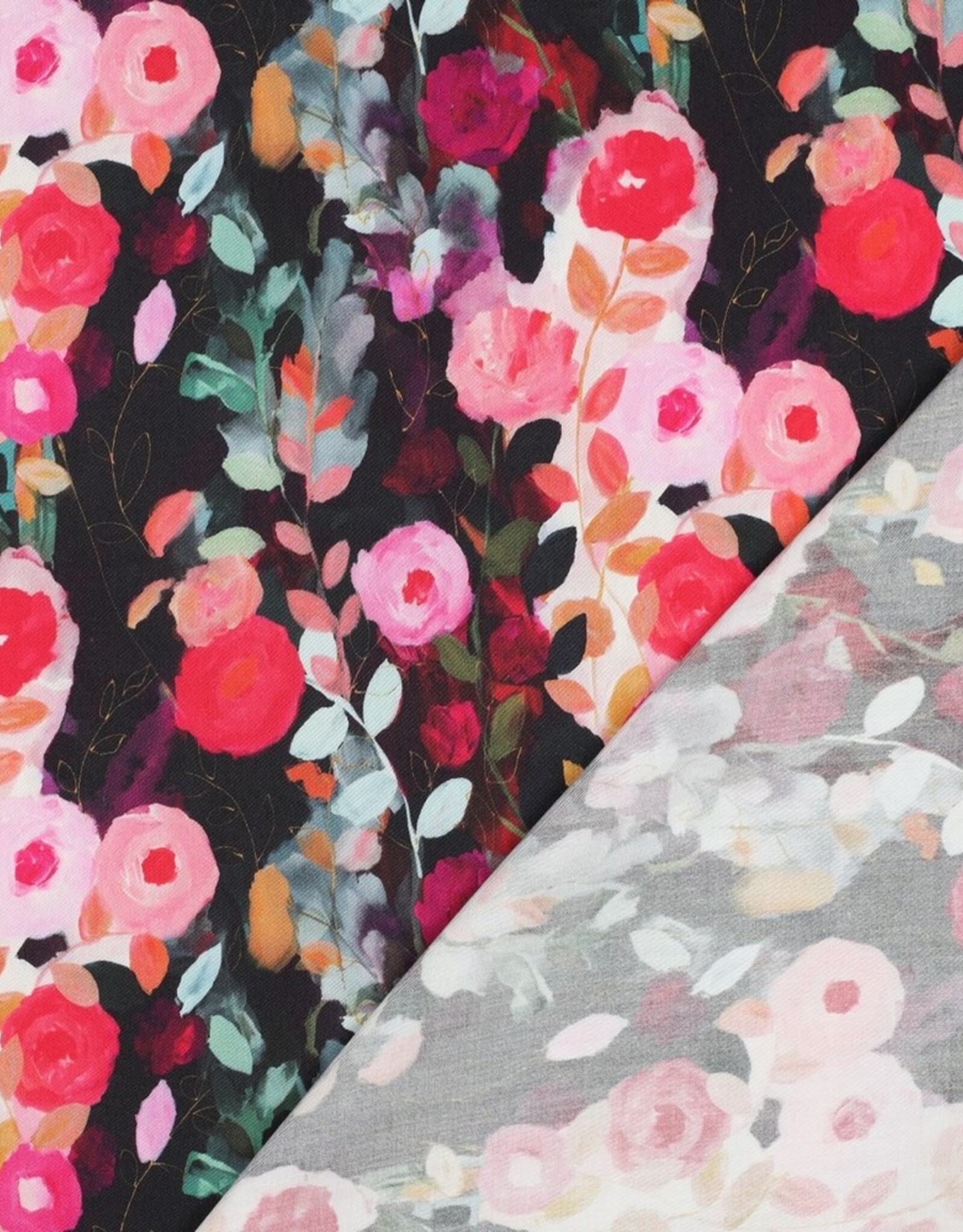 Viscose satijn digital print roosjes zwart