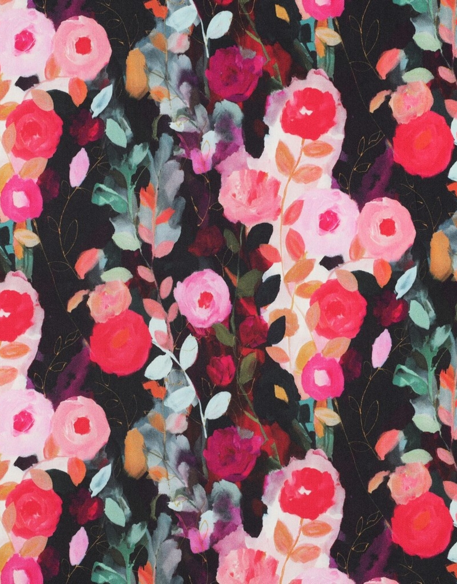 Viscose satijn digital print roosjes zwart