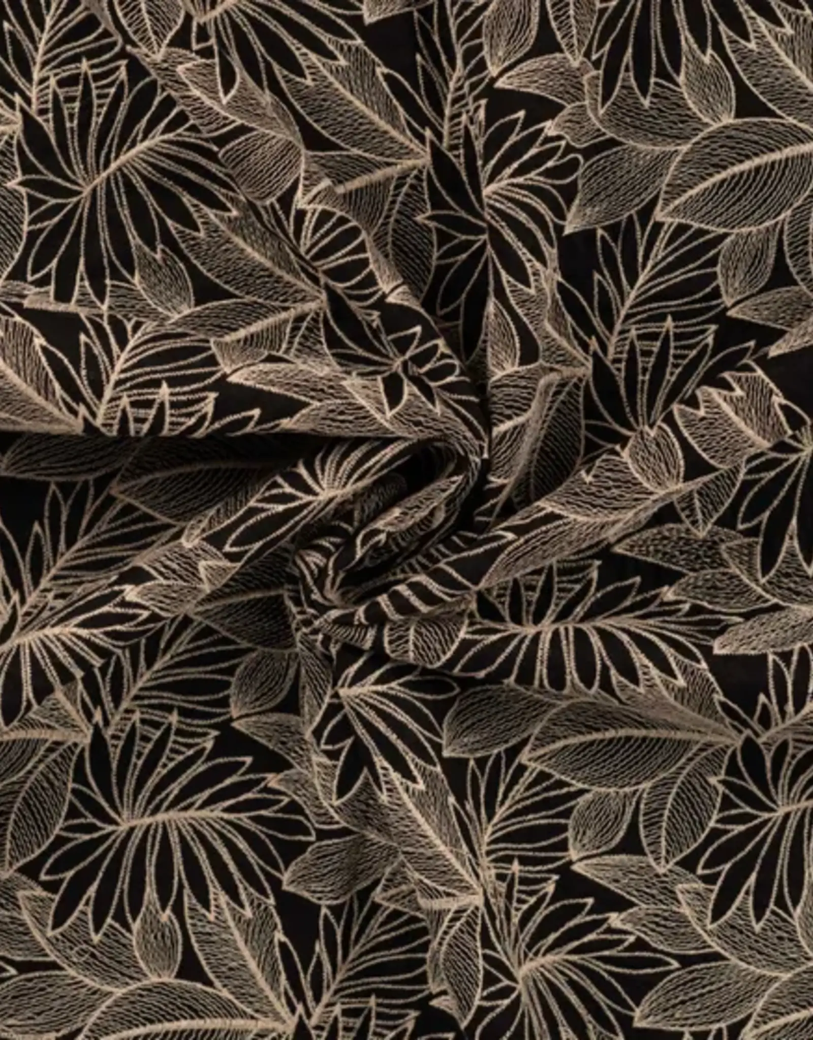 Katoen zwart geborduurde bladerprint beige
