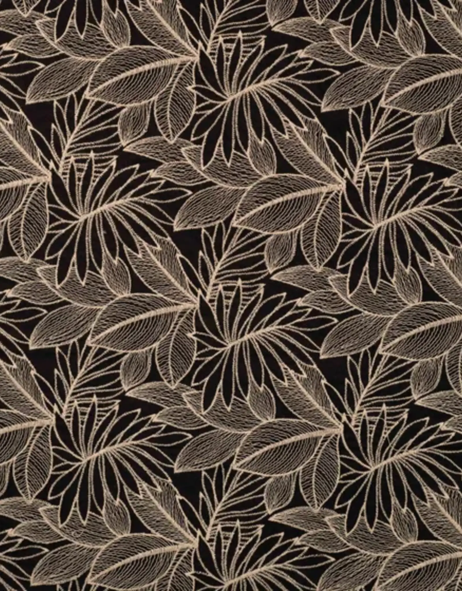 Katoen zwart geborduurde bladerprint beige