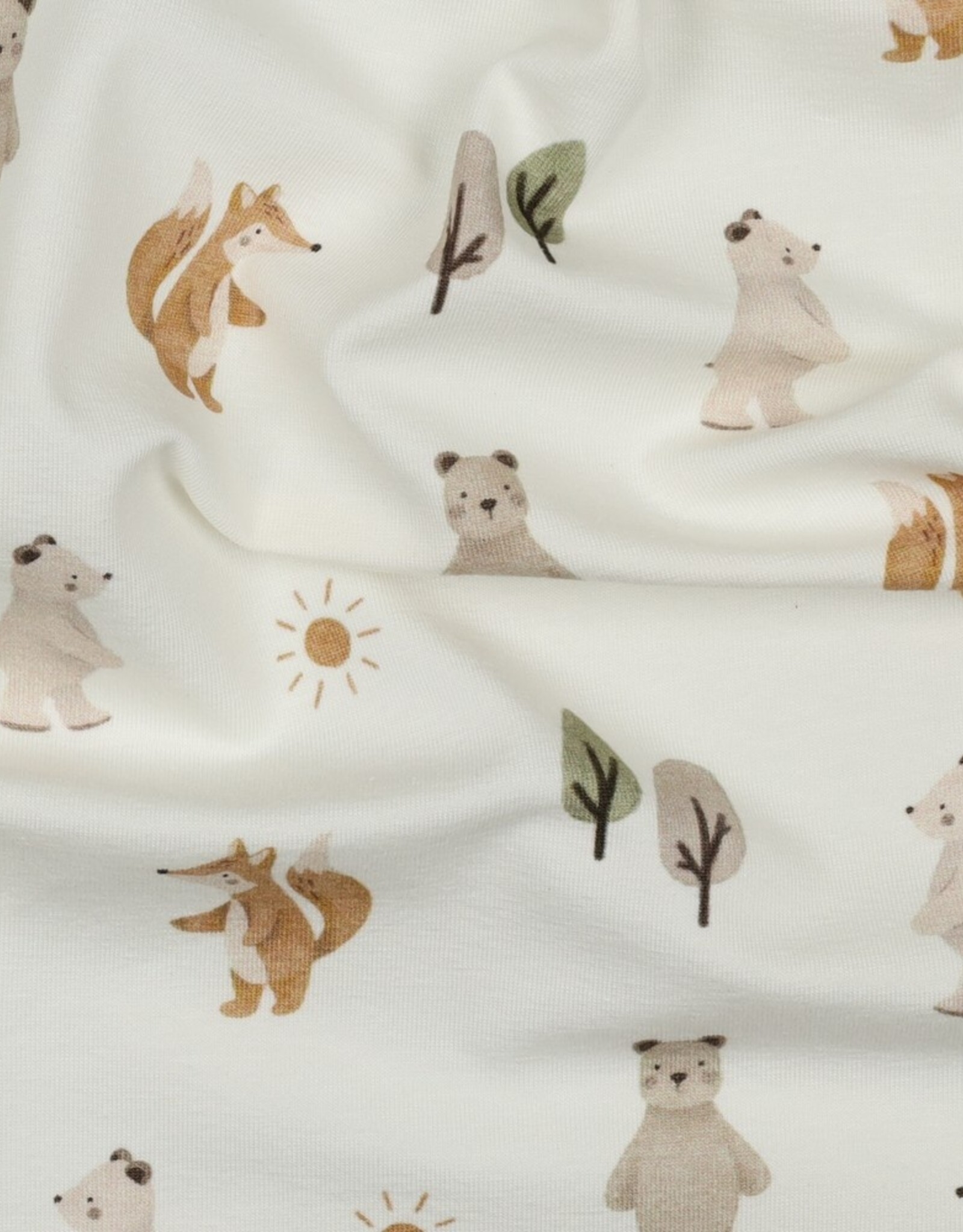 Katoen jersey digital bosdieren beertjes gebroken wit