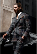 Gabardine tartan check navy jeans camel