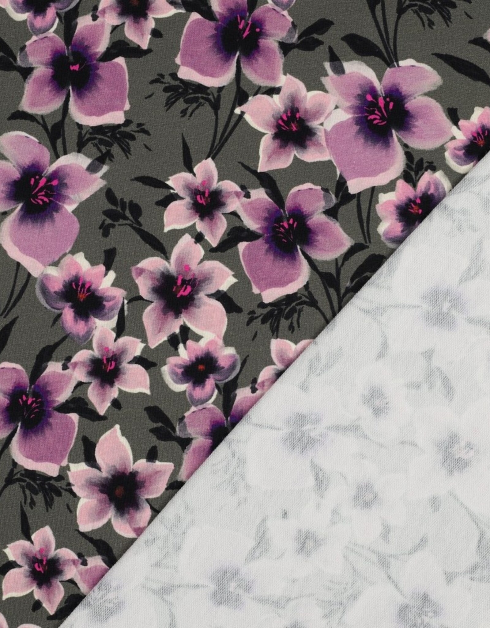 French terry digital grote lila bloem