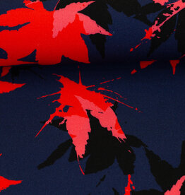 Viscose Acer bladerenprint marine blauw rood